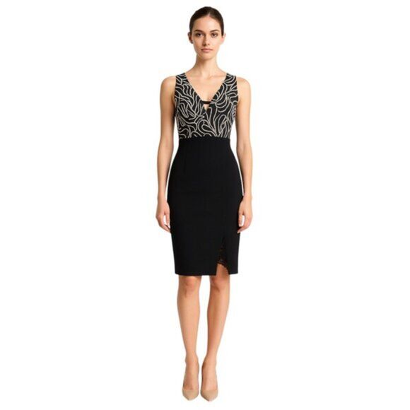 Papaya Medium Black Bodycon Dress V-Neck Lace Trim USA Black Gray White Print - Picture 1 of 16